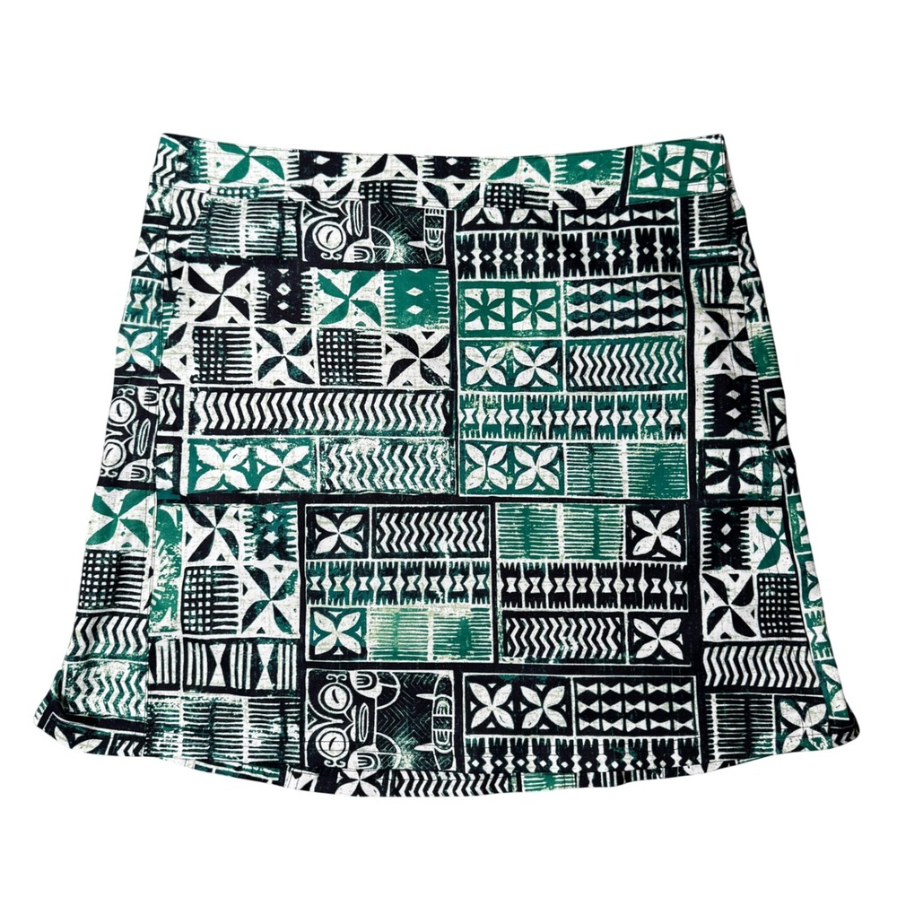 RipSkirt Hawaii Green Tribal Print Tapa Wrap Skirt Lg Hook Loop Adjustable Mini